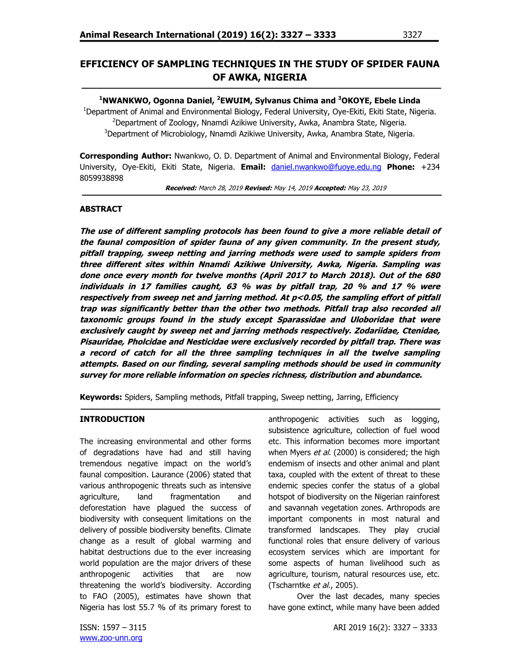 Efficiency of Sampling Techniques in the Study of Spider Fauna of Awka, Nigeria