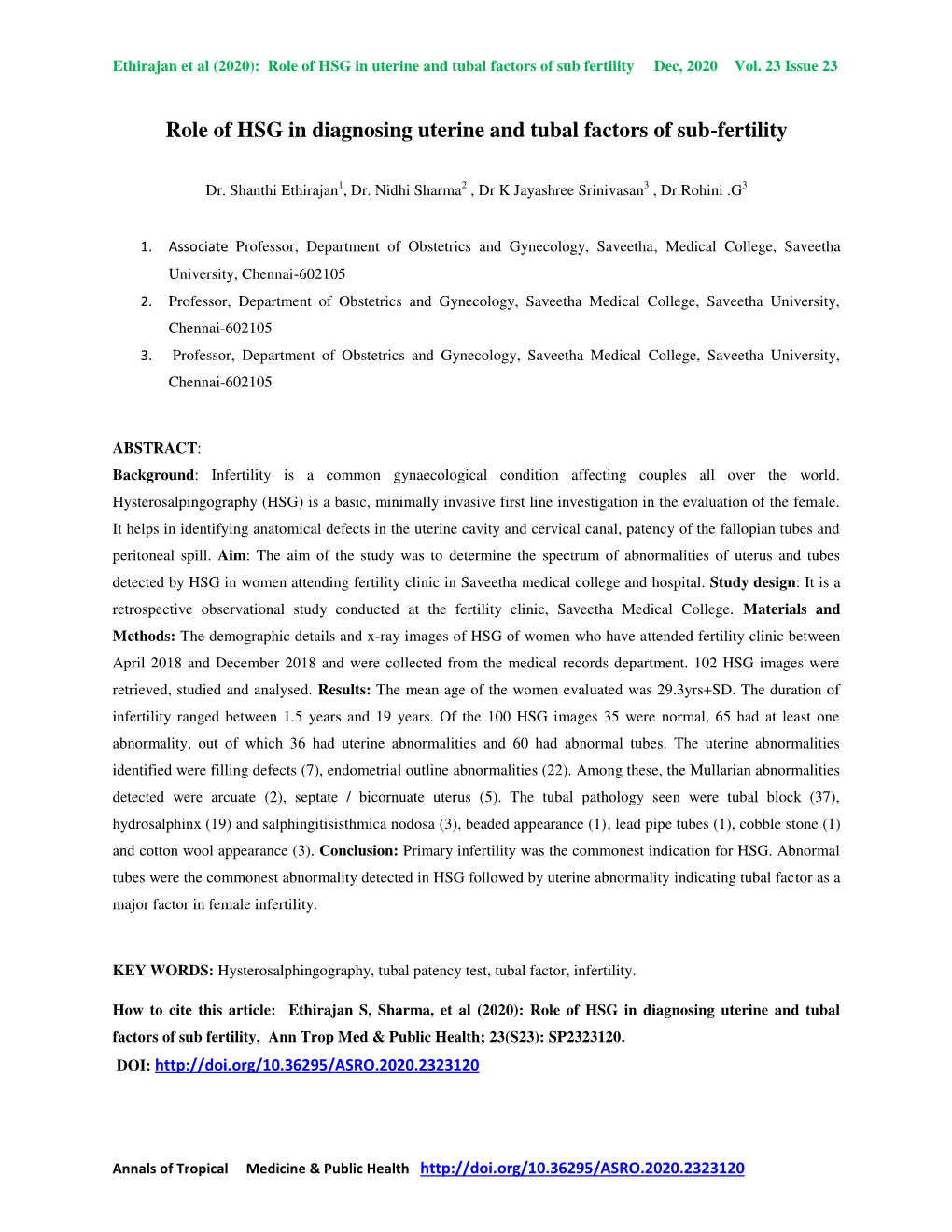 Role of HSG in Diagnosing Uterine and Tubal Factors of Sub-Fertility