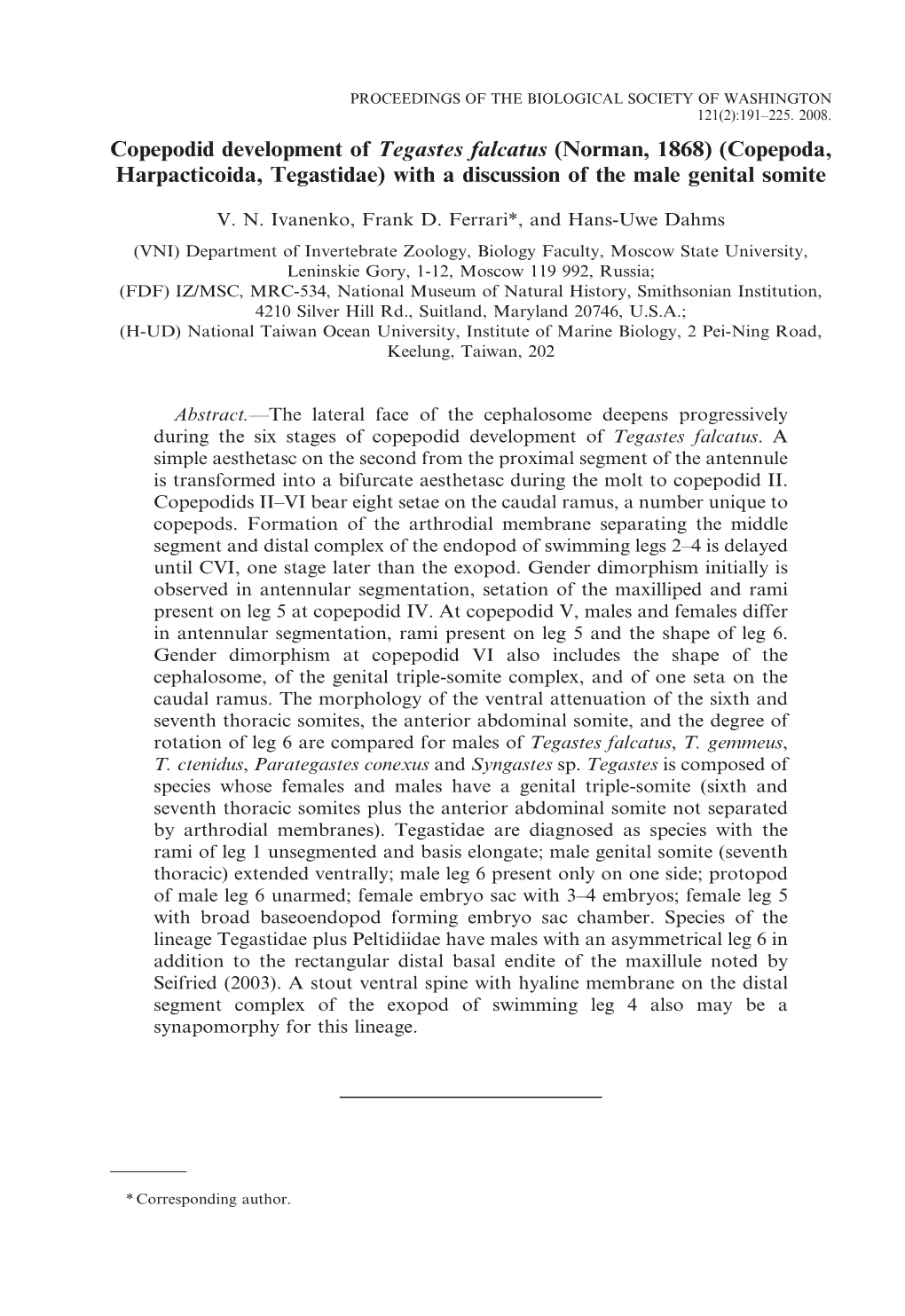 Copepodid Development of Tegastes Falcatus (Norman, 1868) (Copepoda, Harpacticoida, Tegastidae) with a Discussion of the Male Genital Somite