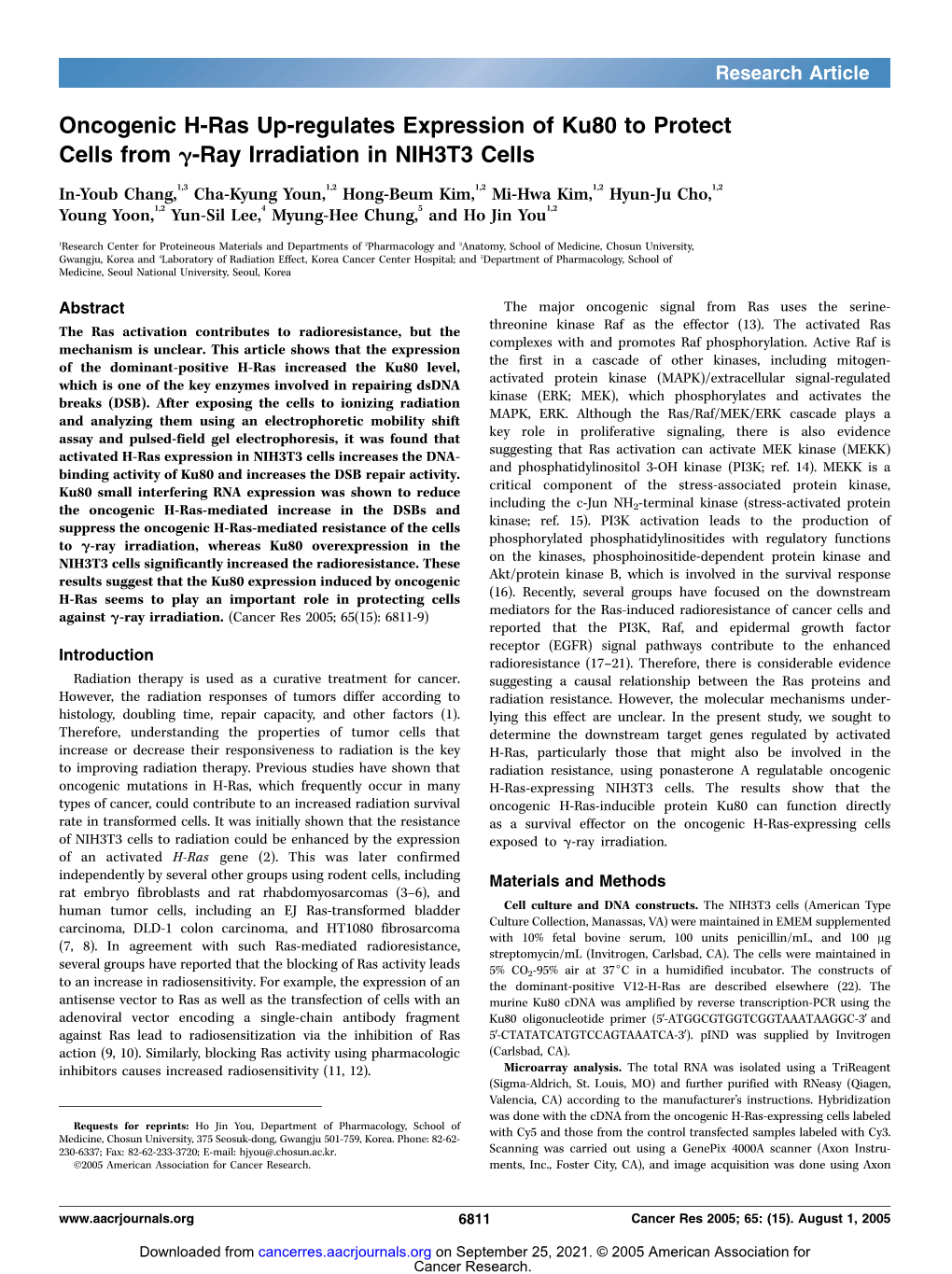 Oncogenic H-Ras Up-Regulates Expression of Ku80 to Protect Cells from ;-Ray Irradiation in NIH3T3 Cells