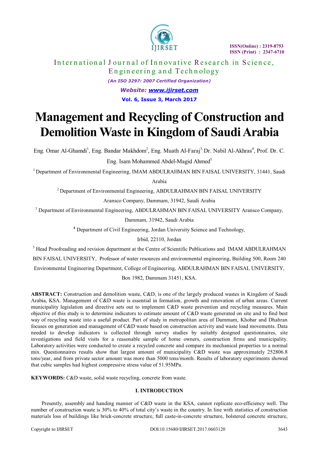 Management and Recycling of Construction and Demolition Waste in Kingdom of Saudi Arabia