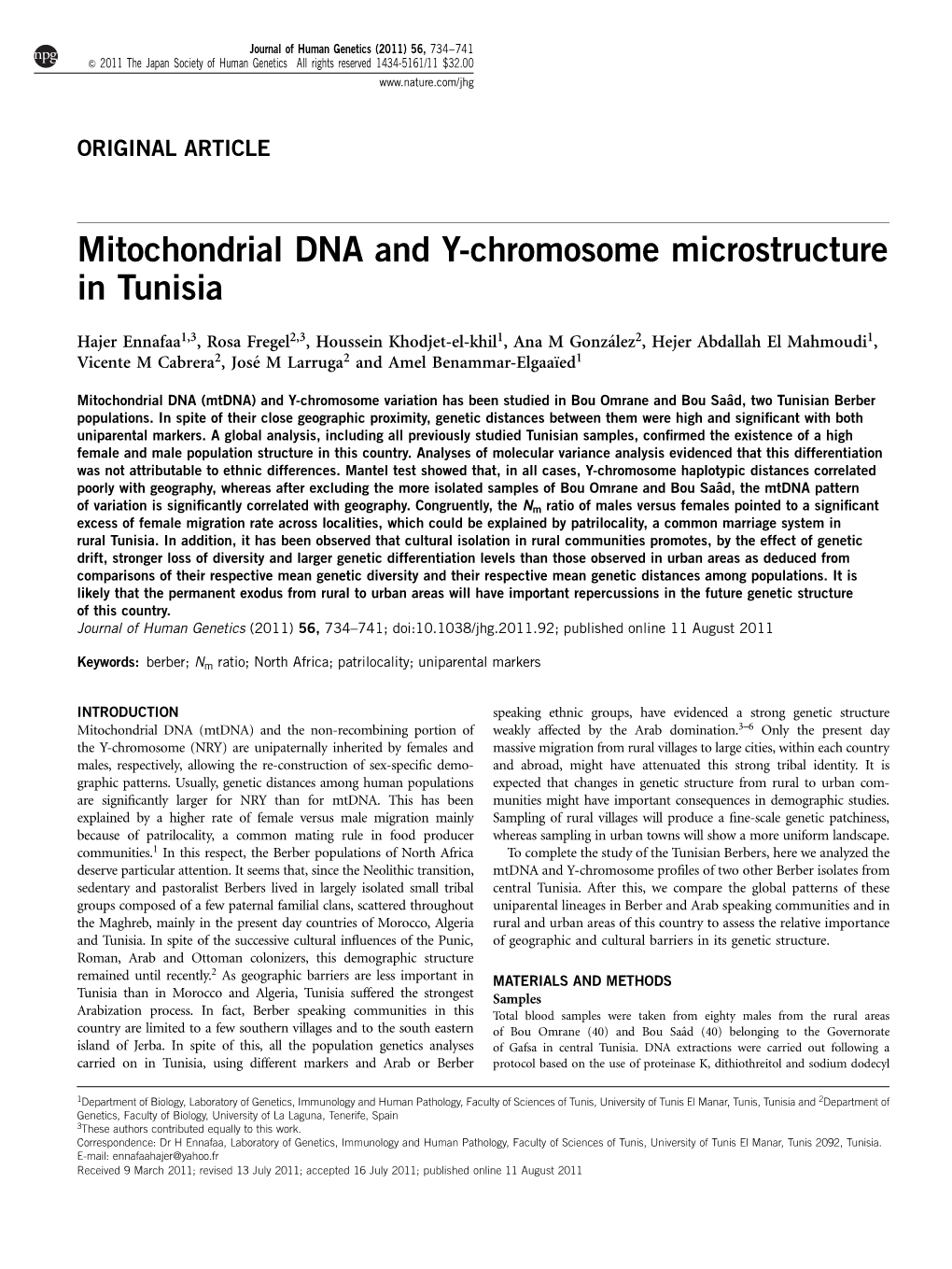 Mitochondrial DNA and Y-Chromosome Microstructure in Tunisia