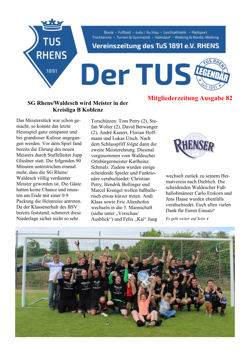 Mitgliederzeitung Ausgabe 82 SG Rhens/Waldesch Wird Meister in Der Kreisliga B Koblenz
