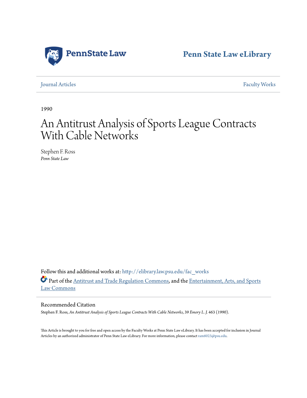 An Antitrust Analysis of Sports League Contracts with Cable Networks Stephen F