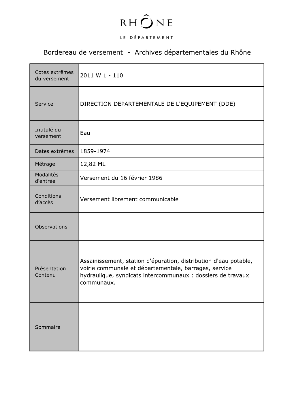 Bordereau De Versement - Archives Départementales Du Rhône