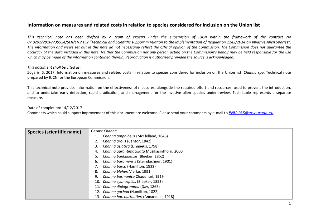 Channa Spp. Technical Note Prepared by IUCN for the European Commission