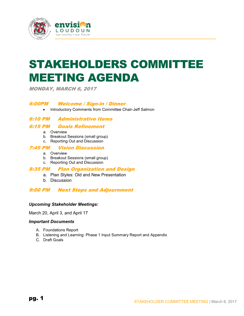 Stakeholders Committee Meeting Agenda Monday, March 6, 2017