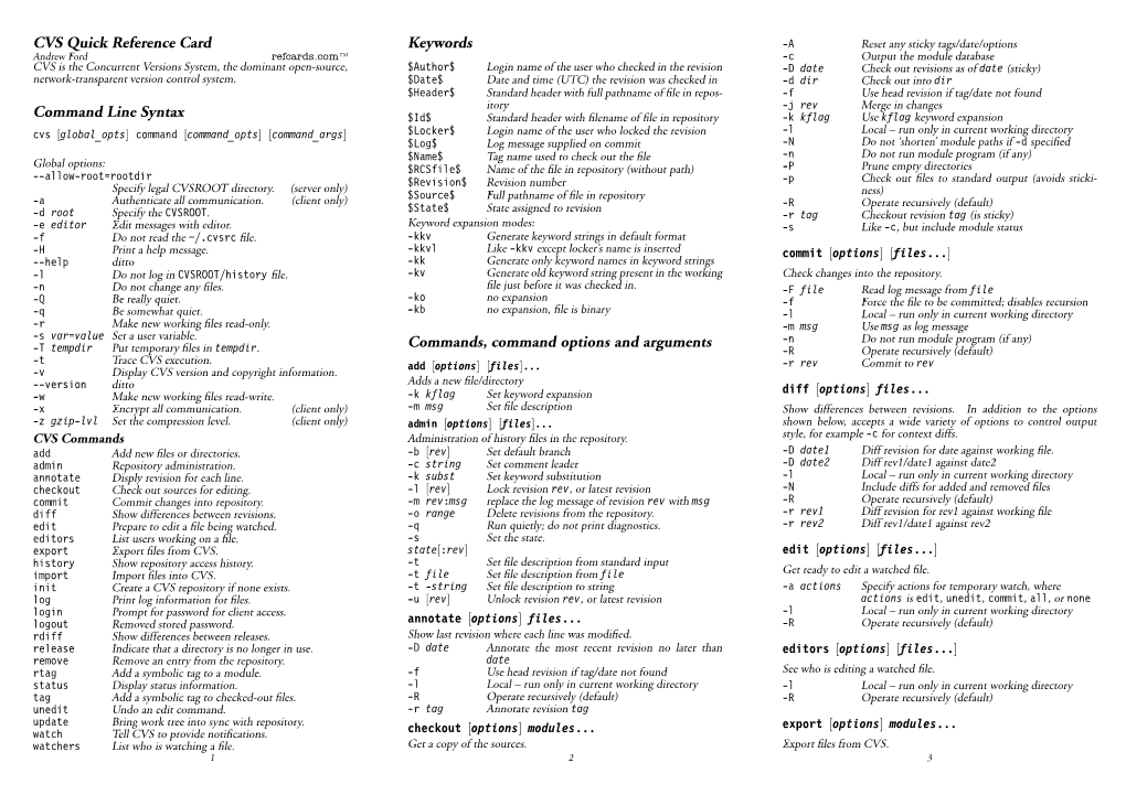 CVS Quick Reference Card Command Line Syntax Keywords Commands