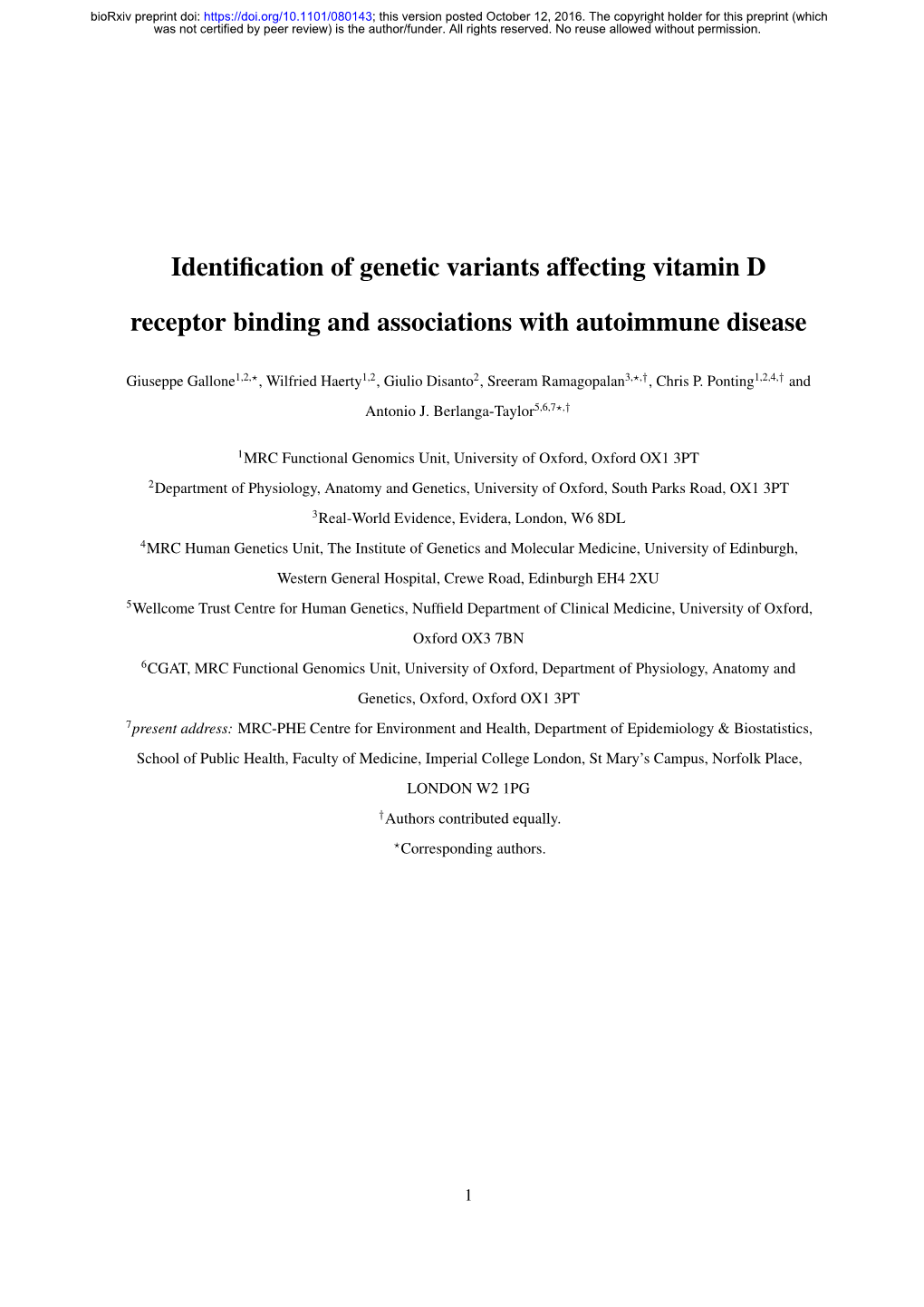 Identification of Genetic Variants Affecting Vitamin D