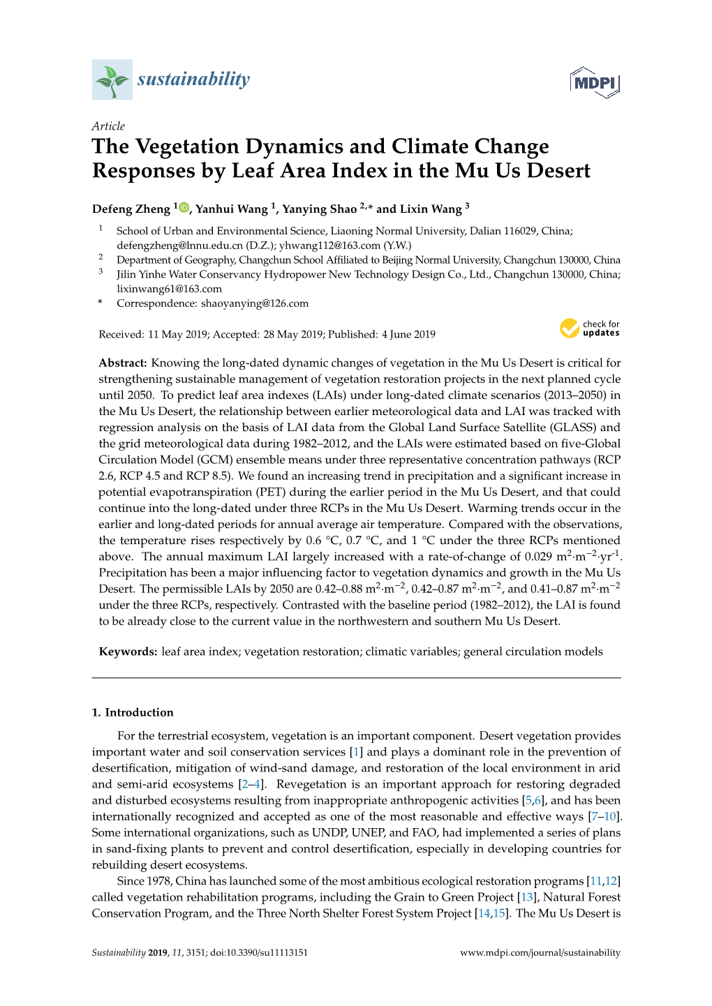 The Vegetation Dynamics and Climate Change Responses by Leaf Area Index in the Mu Us Desert