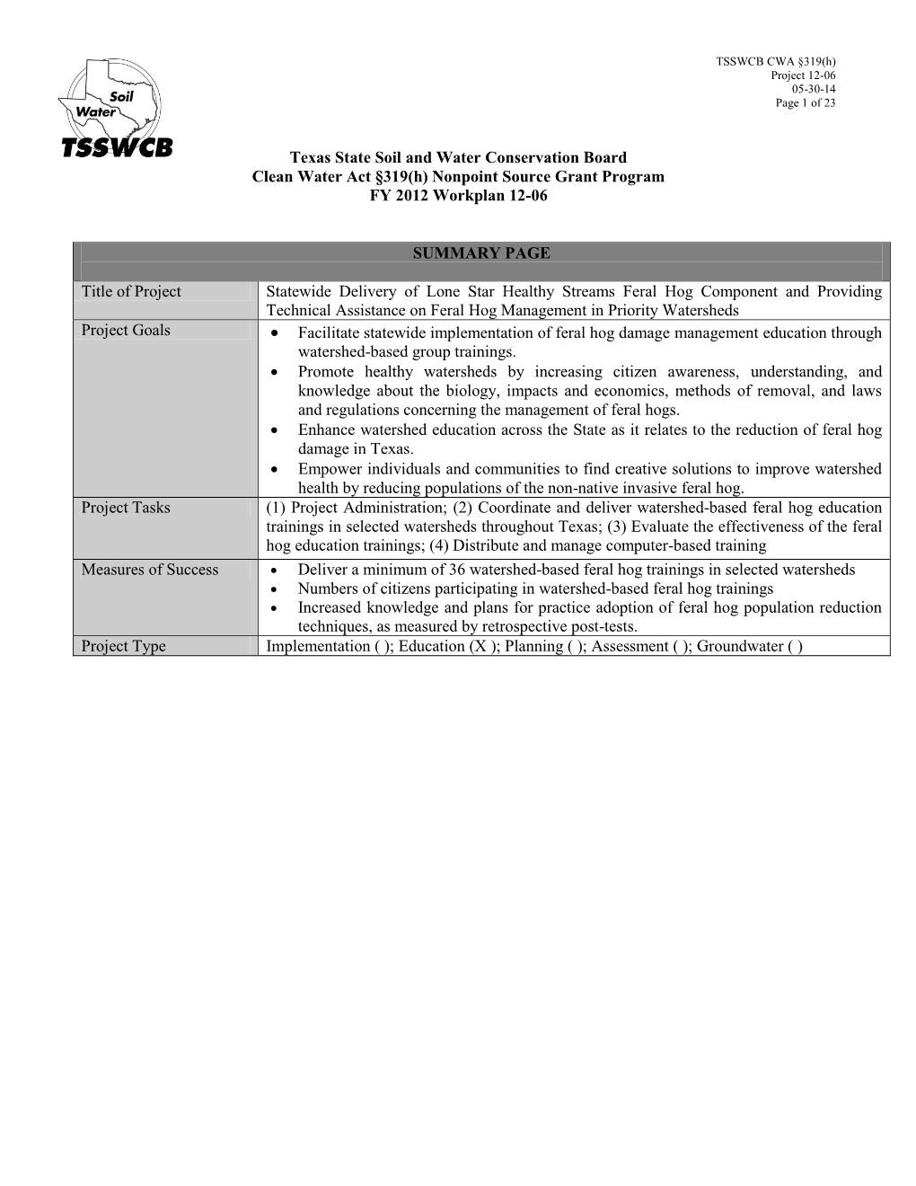 Texas State Soil and Water Conservation Board Clean Water Act §319(H) Nonpoint Source Grant Program FY 2012 Workplan 12-06