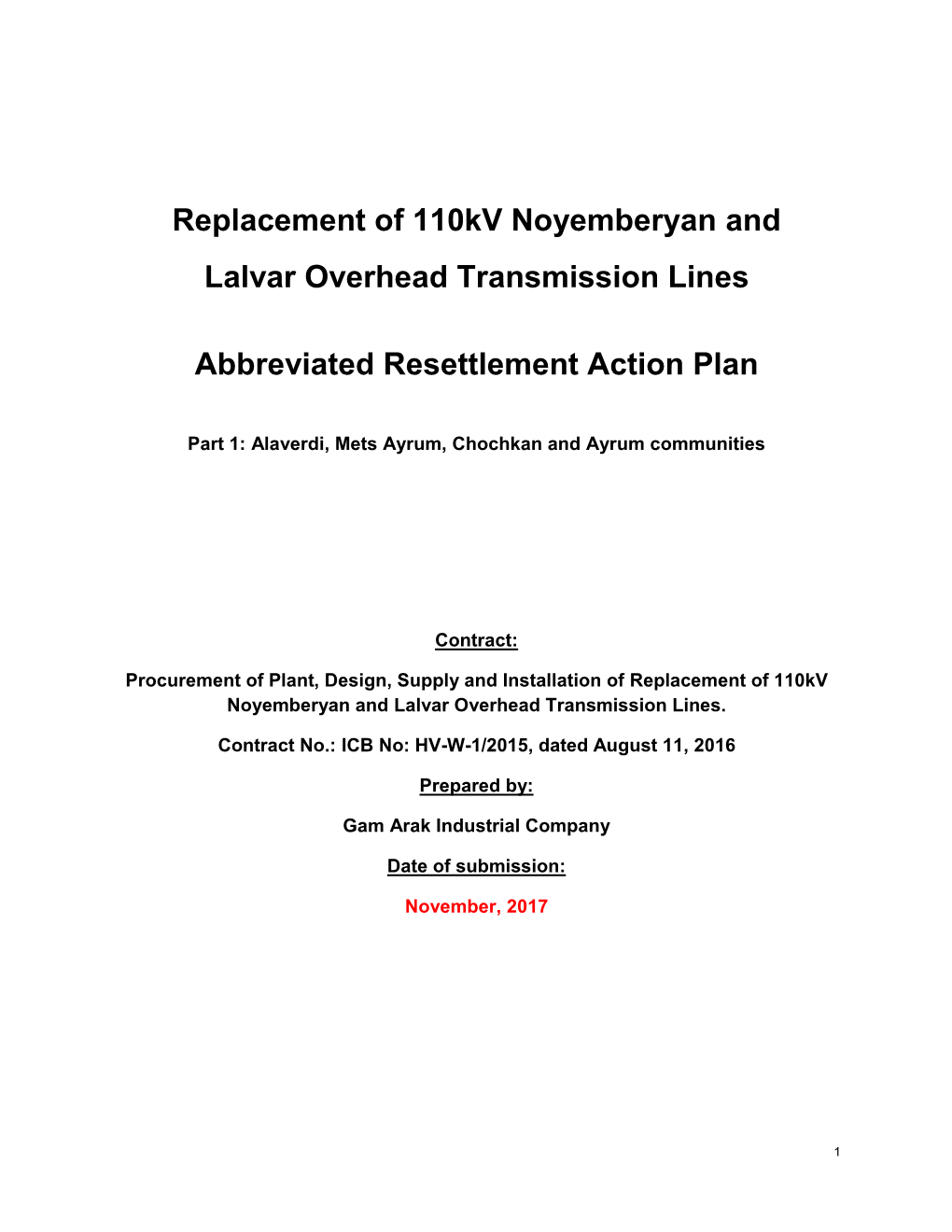 Replacement of 110Kv Noyemberyan and Lalvar Overhead Transmission Lines Abbreviated Resettlement Action Plan