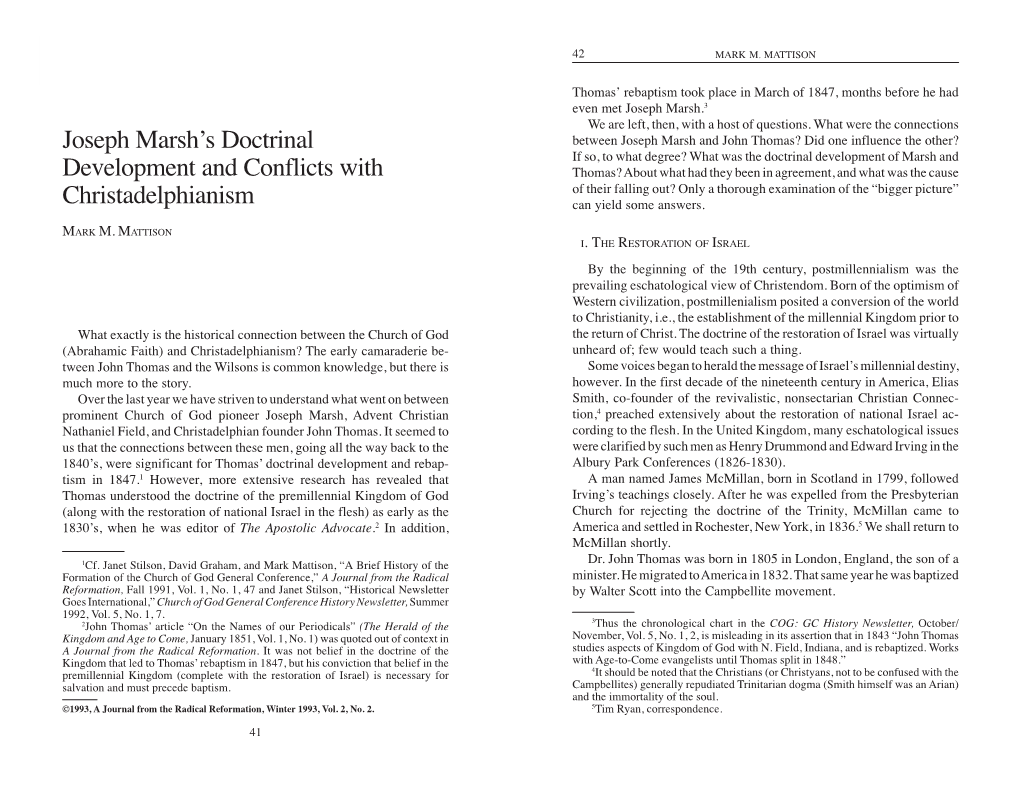 Joseph Marsh's Doctrinal Development and Conflicts with Christadelphianism