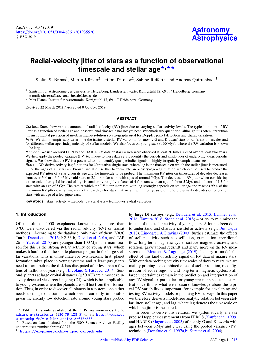 Radial-Velocity Jitter of Stars As a Function of Observational Timescale and Stellar Age?,?? Stefan S