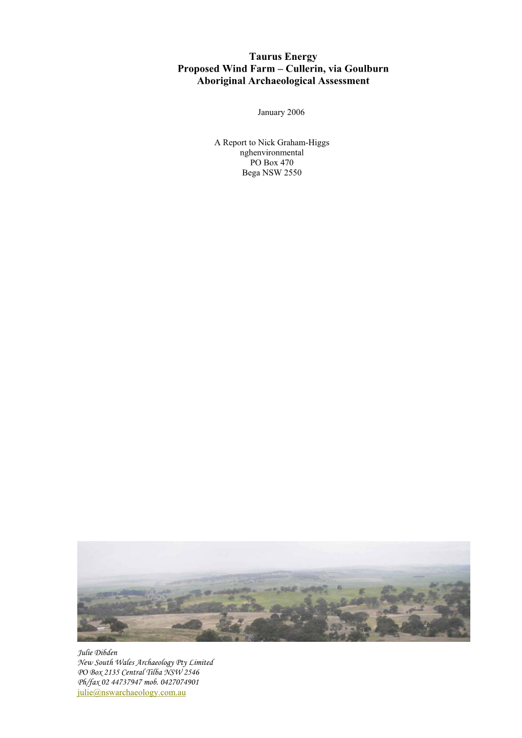 Taurus Energy Proposed Wind Farm – Cullerin, Via Goulburn Aboriginal Archaeological Assessment