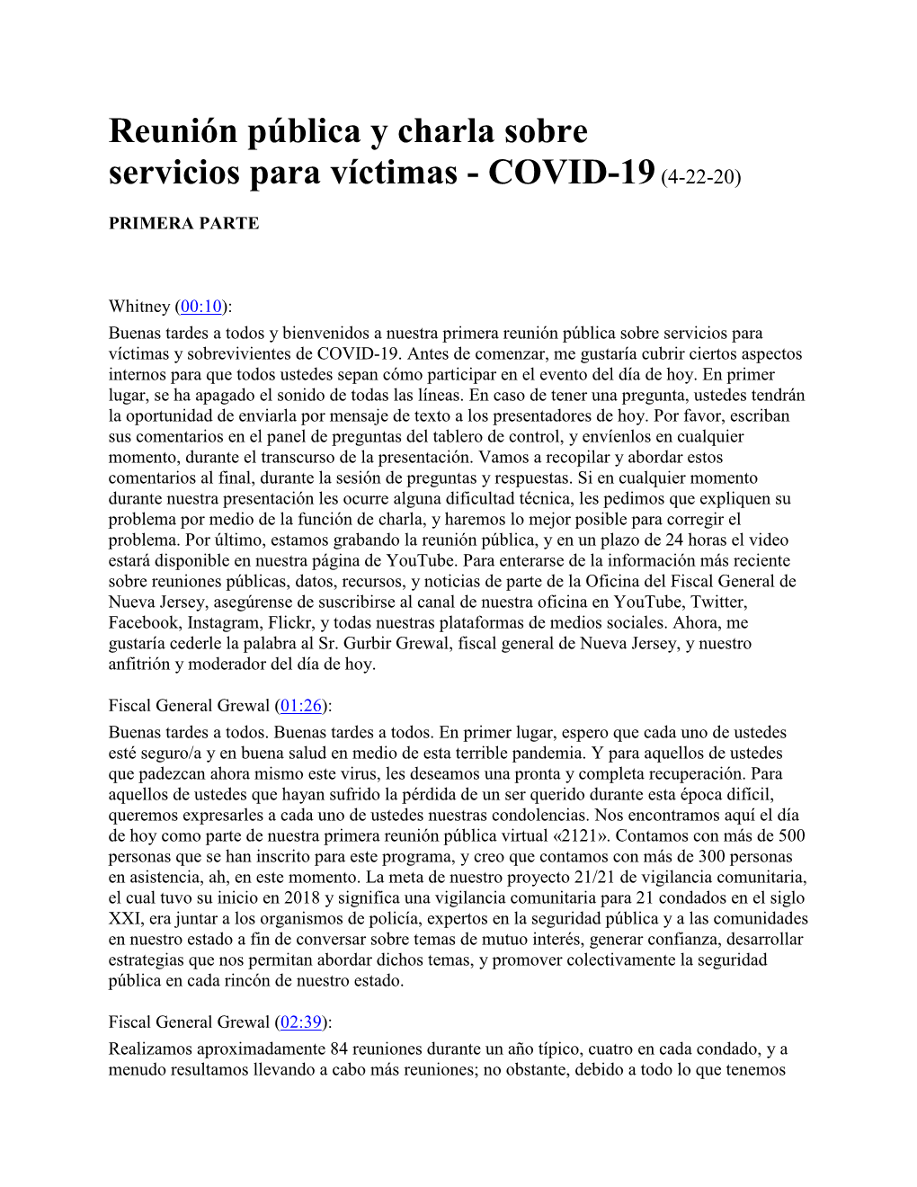 Reunión Pública Y Charla Sobre Servicios Para Víctimas - COVID-19 (4-22-20)