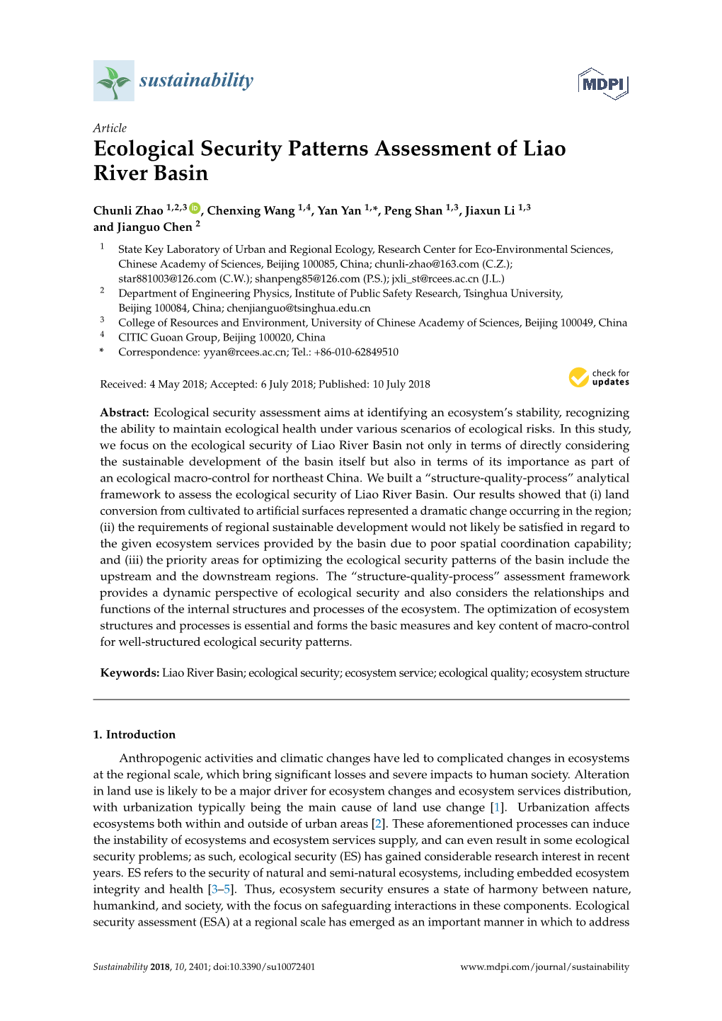 Ecological Security Patterns Assessment of Liao River Basin