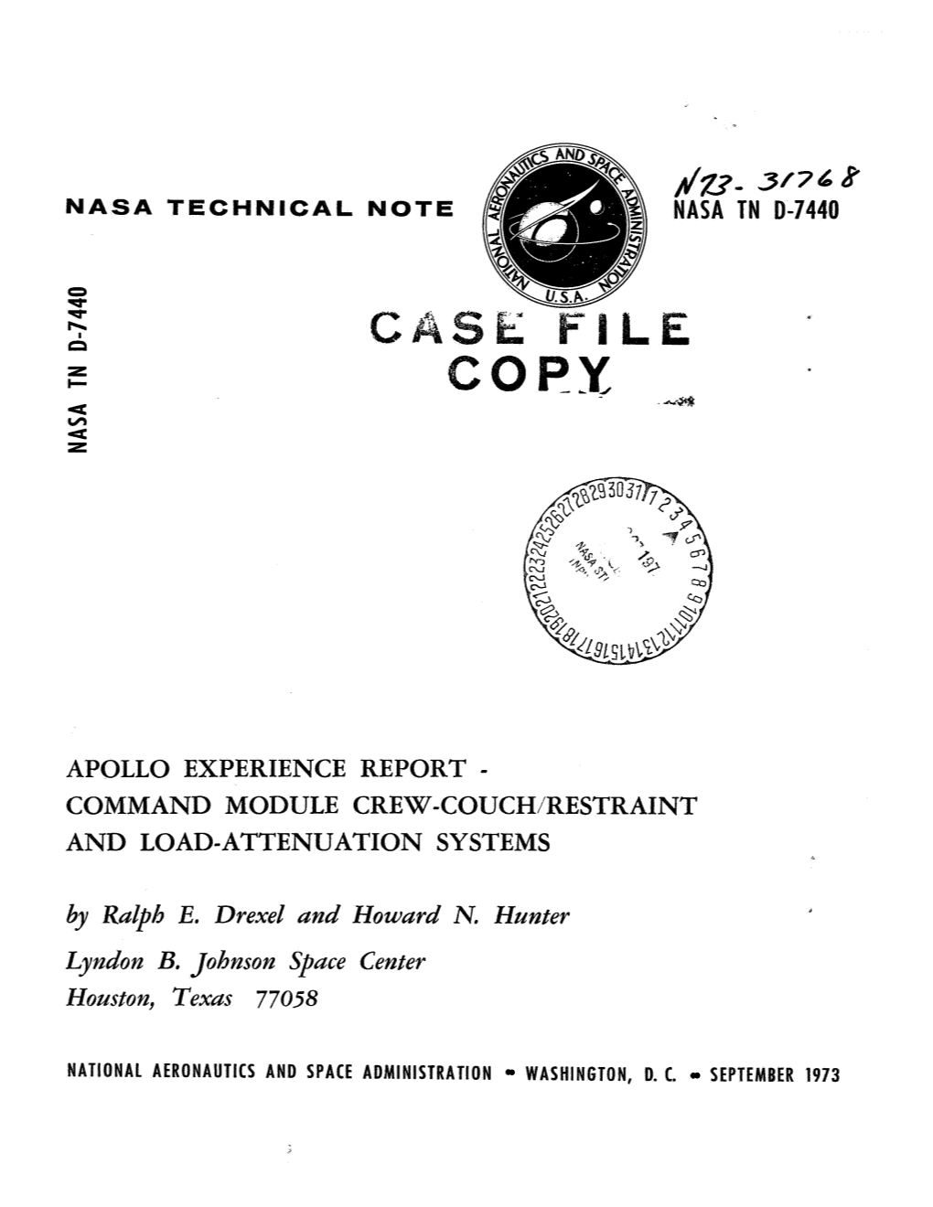 APOLLO EXPERIENCE REPORT - COMMAND MODULE CREW-COUCH/RESTRAINT and LOAD-ATTENUATION SYSTEMS by Ra&B E