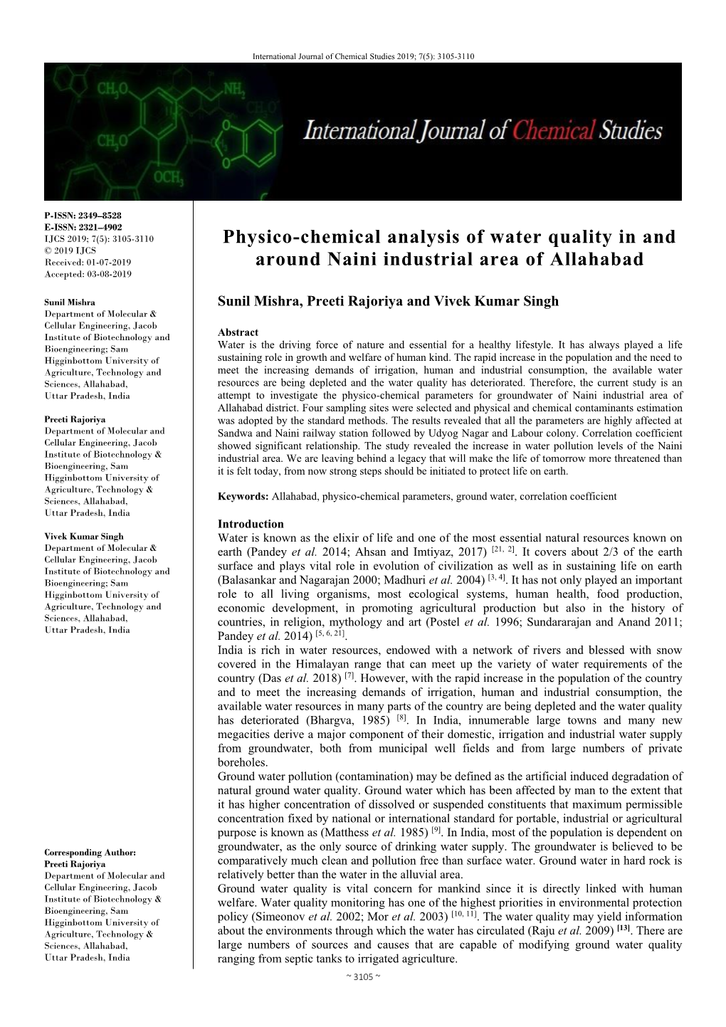 Physico-Chemical Analysis of Water Quality in and Around Naini Industrial Area of Allahabad