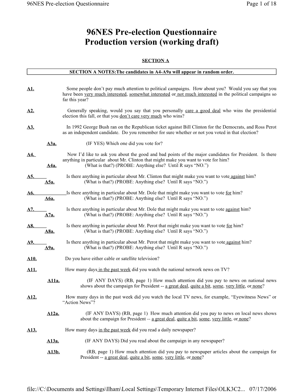 Pre-Election Questionnaire Page 1 of 18