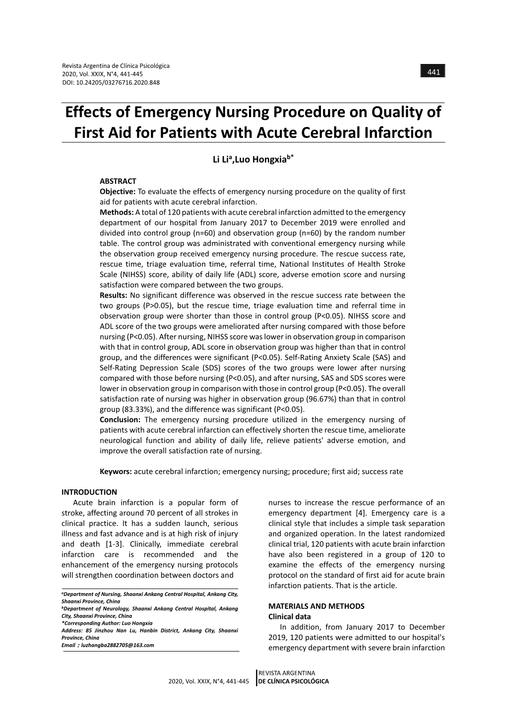Effects of Emergency Nursing Procedure on Quality of First Aid for Patients with Acute Cerebral Infarction