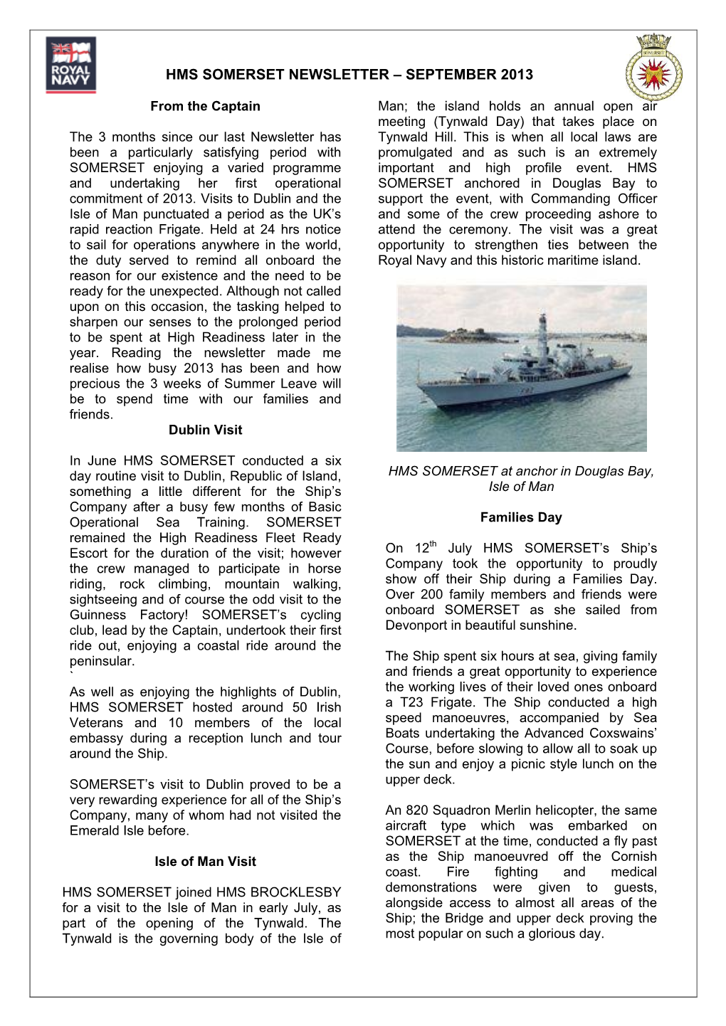 Hms Somerset Newsletter – September 2013