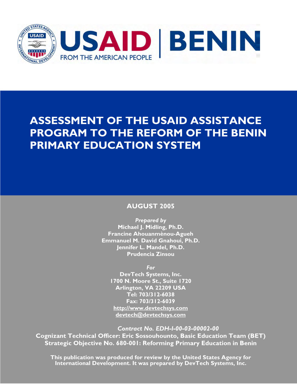 Assessment of the Usaid Assistance Program to the Reform of the Benin Primary Education System