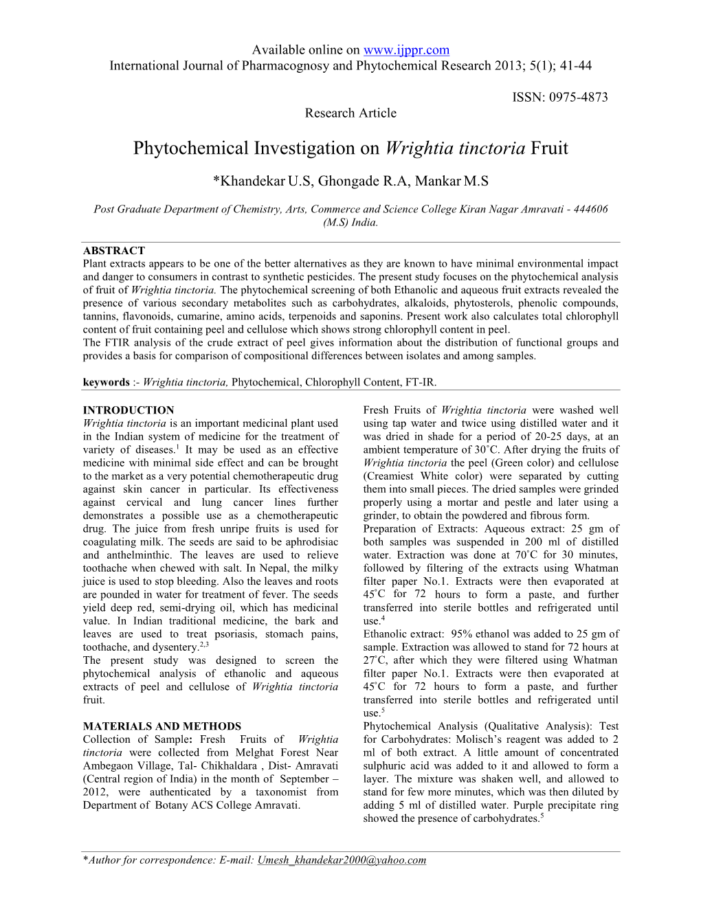 Phytochemical Investigation on Wrightia Tinctoria Fruit