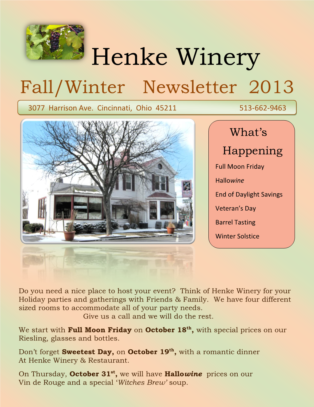 Henke Winery Fall/Winter Newsletter 2013