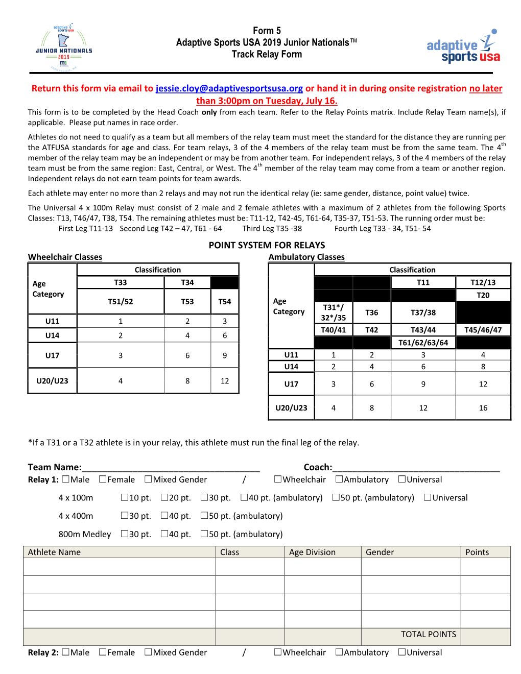 Form 5 Adaptive Sports USA 2019 Junior Nationals™ Track Relay Form
