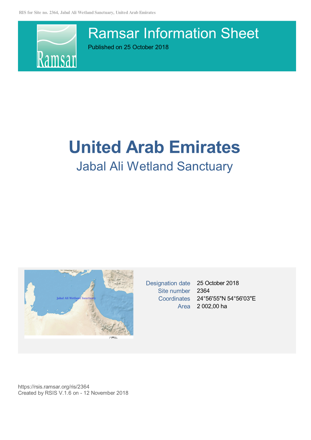 United Arab Emirates Ramsar Information Sheet Published on 25 October 2018