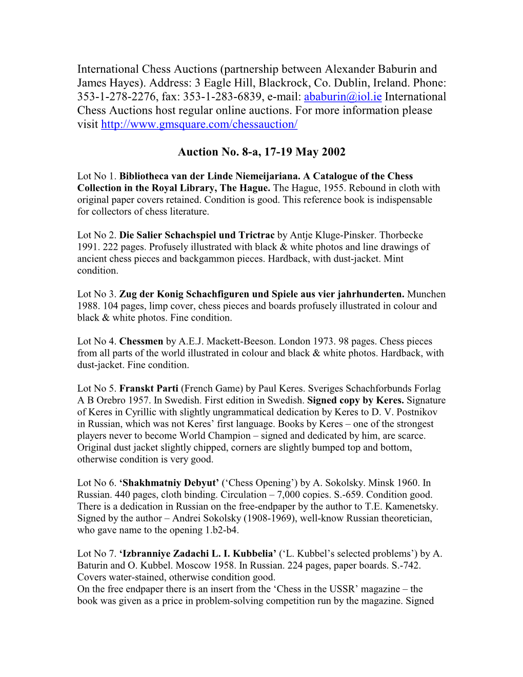 International Chess Auctions (Partnership Between Alexander Baburin and James Hayes)