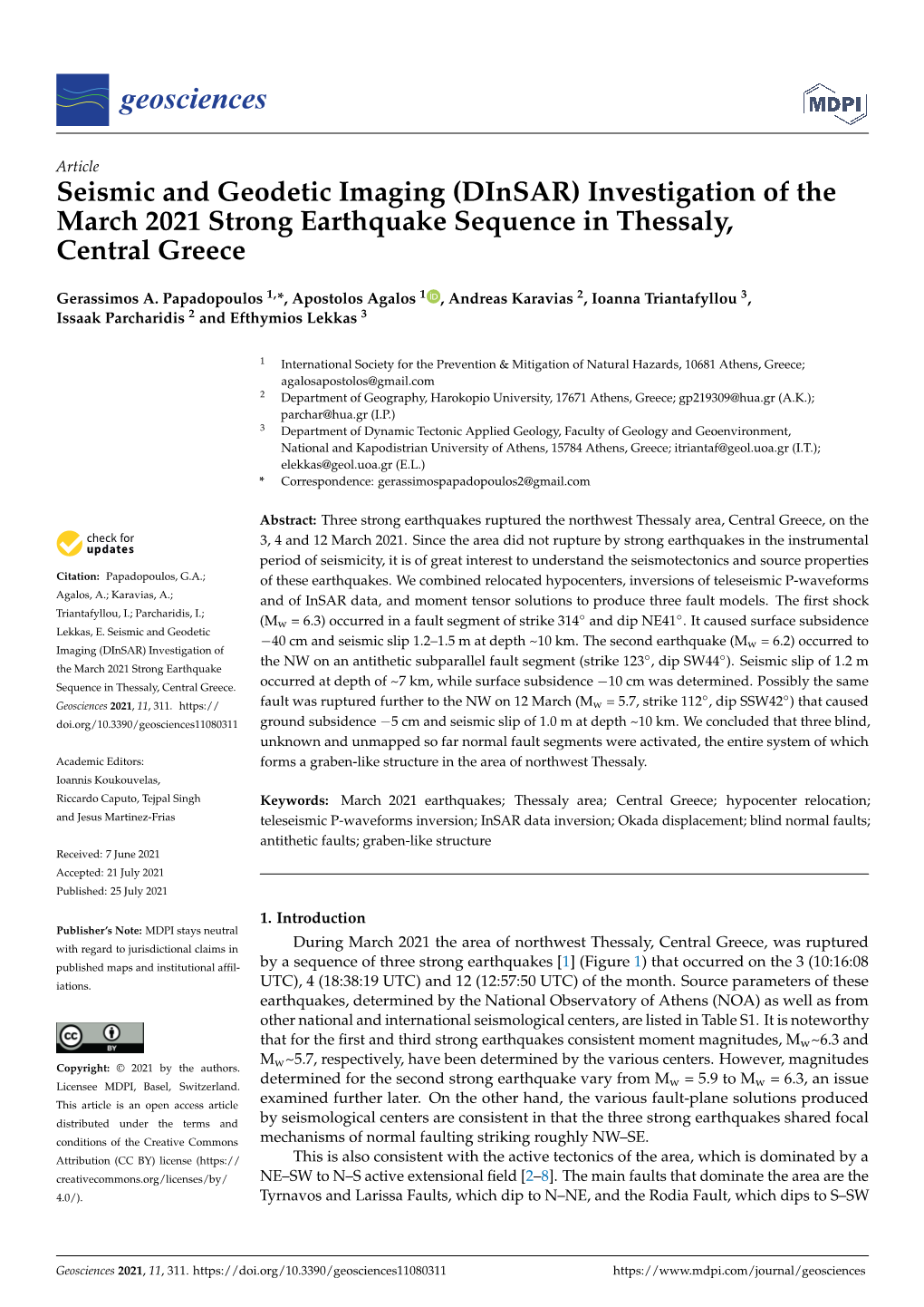 Investigation of the March 2021 Strong Earthquake Sequence in Thessaly, Central Greece