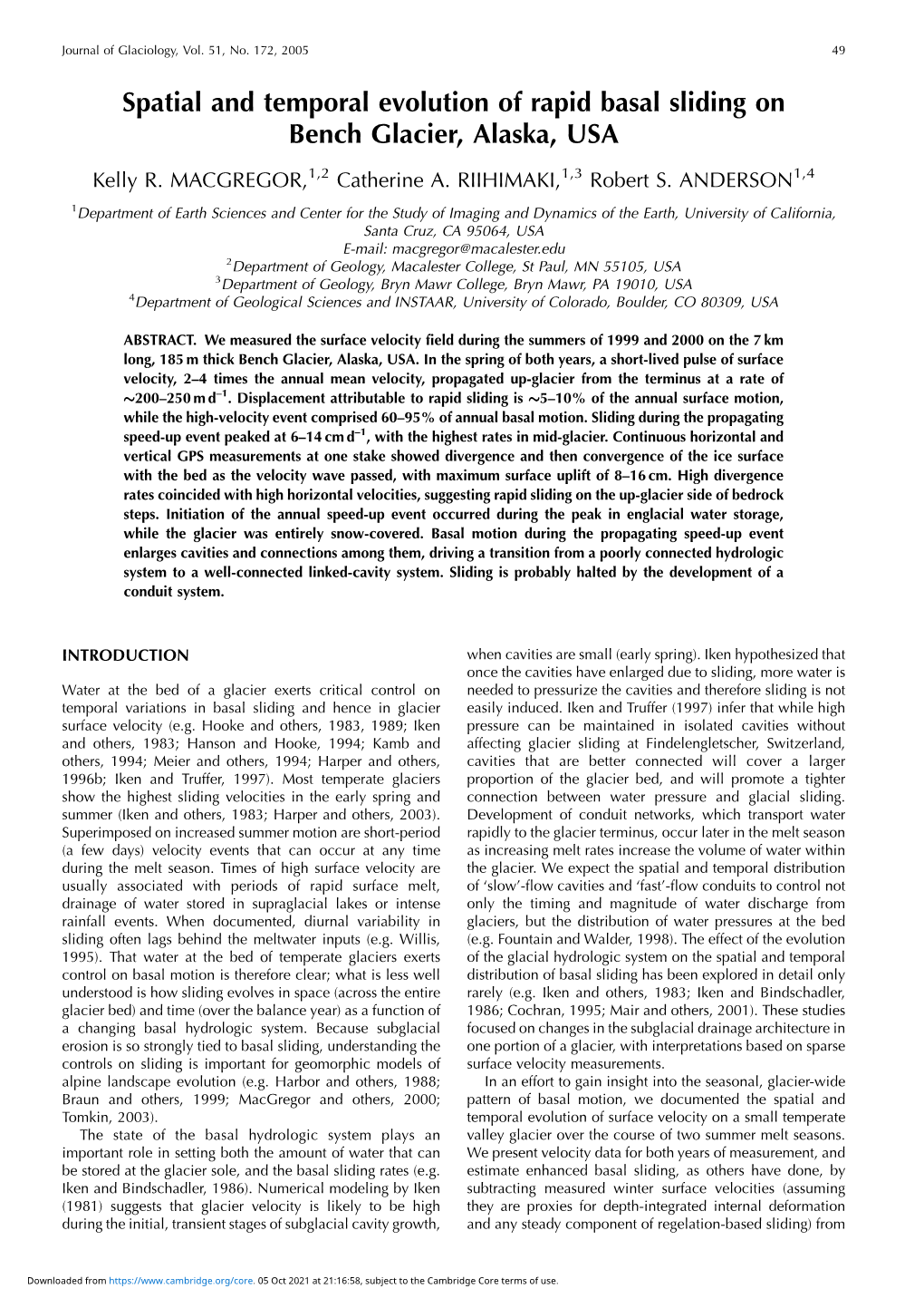 Spatial and Temporal Evolution of Rapid Basal Sliding on Bench Glacier, Alaska, USA