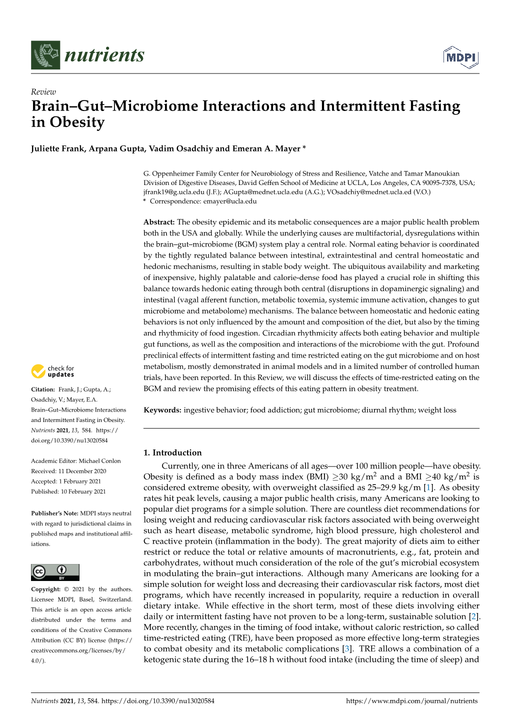 Brain–Gut–Microbiome Interactions and Intermittent Fasting in Obesity