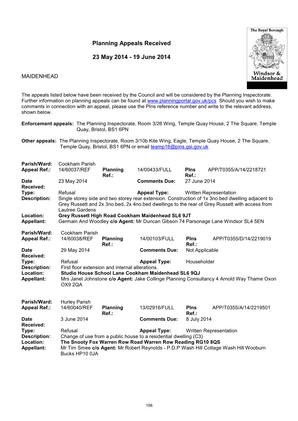 Planning Appeals Received 23 May 2014