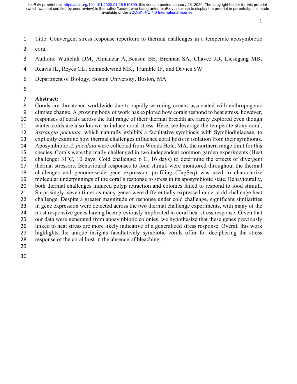 Convergent Stress Response Repertoire to Thermal Challenges in a Temperate Aposymbiotic 2 Coral