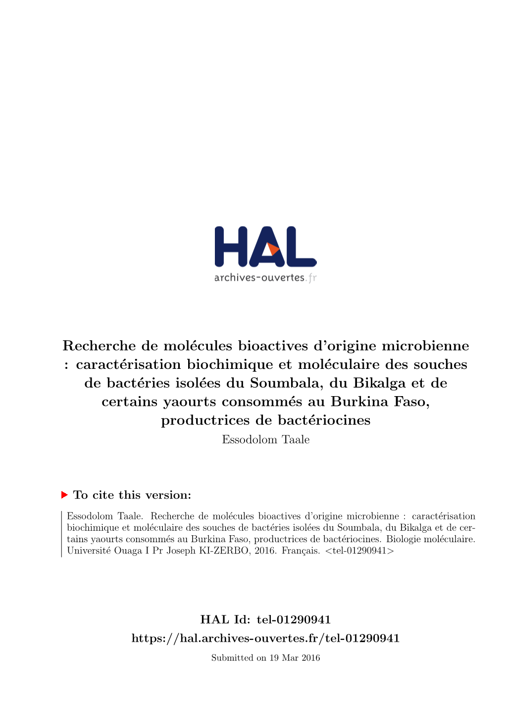 Caractérisation Biochimique Et Moléculaire Des Souches De Bact