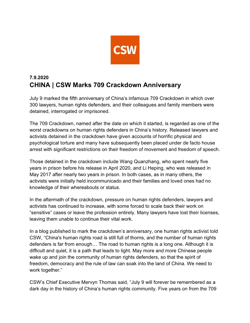 CHINA | CSW Marks 709 Crackdown Anniversary