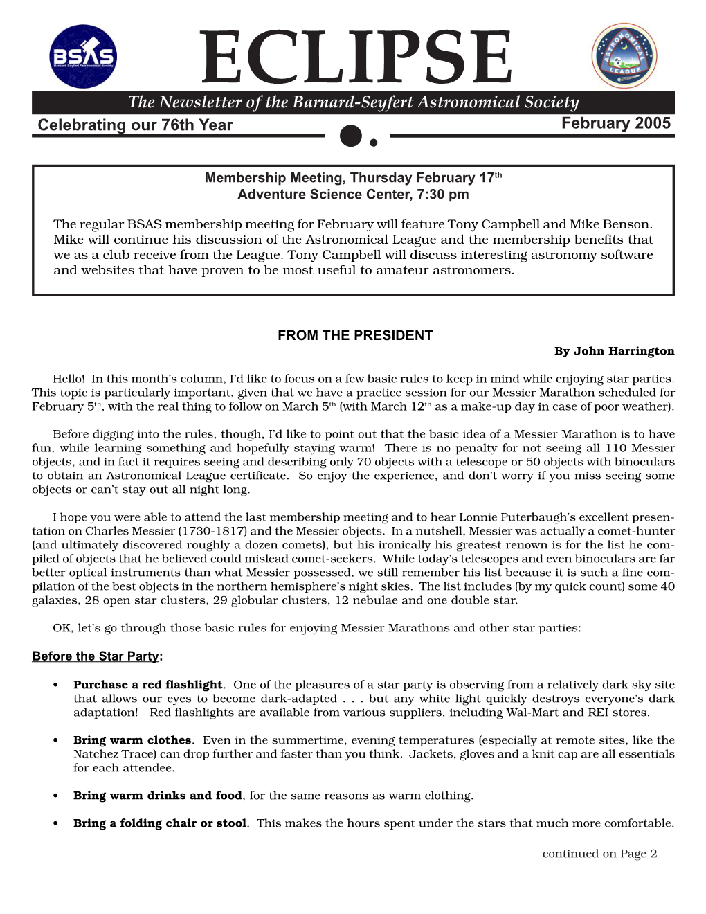 ECLIPSE the Newsletter of the Barnard-Seyfert Astronomical Society Celebrating Our 76Th Year February 2005