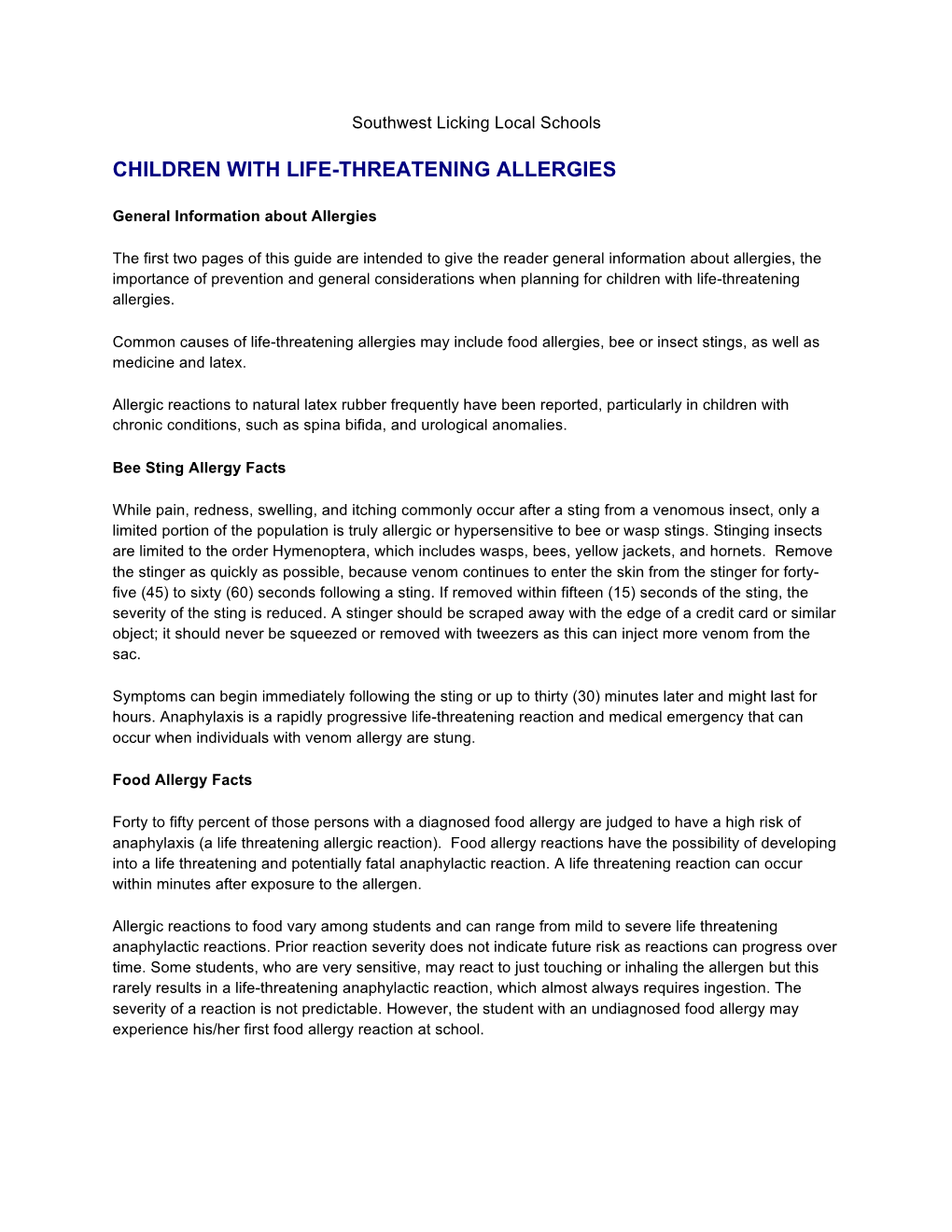 Children with Life-Threatening Allergies