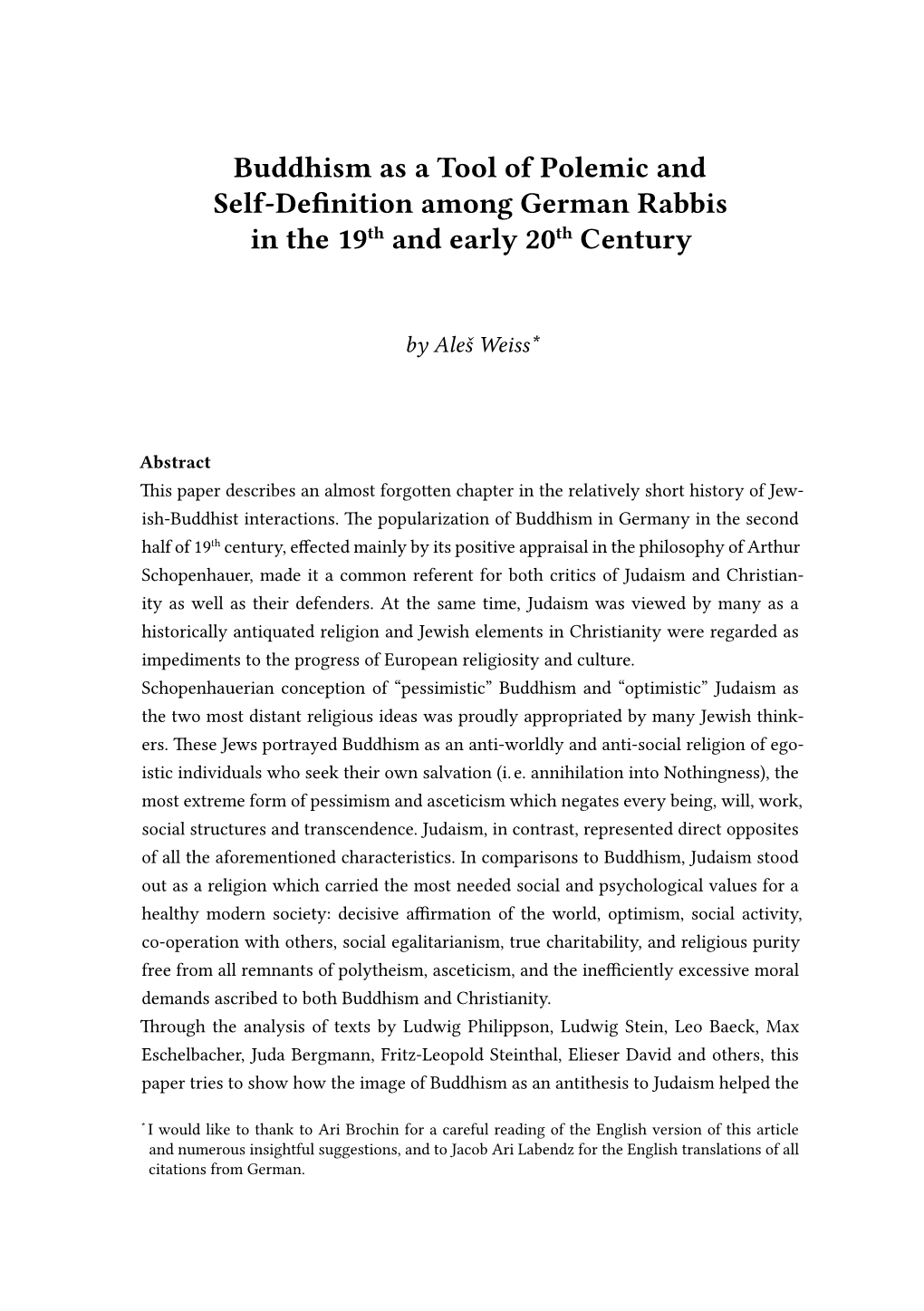 Buddhism As a Tool of Polemic and Self-Definition Among German Rabbis in the 19Th and Early 20Th Century