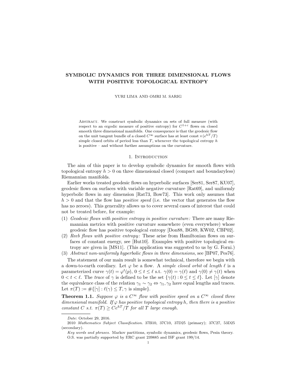 Symbolic Dynamics for Three Dimensional Flows with Positive Topological Entropy