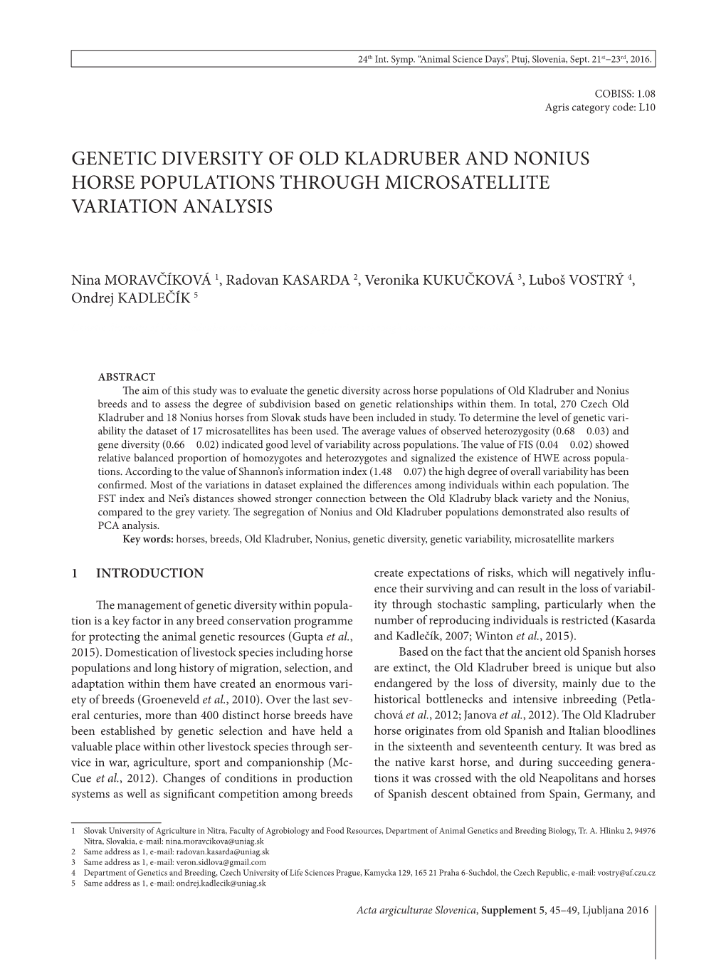 Genetic Diversity of Old Kladruber and Nonius Horse Populations Through Microsatellite Variation Analysis