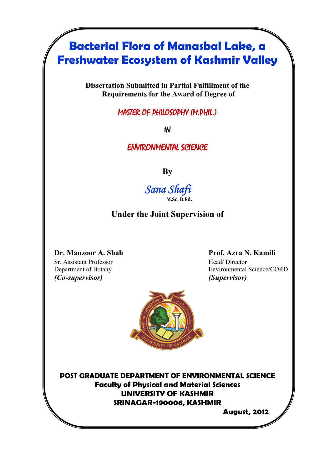 Bacterial Flora of Manasbal Lake, a Freshwater Ecosystem of Kashmir Valley