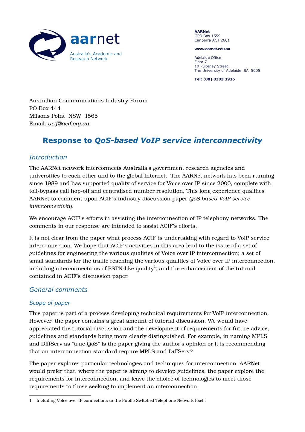 Response to ACIF Qos-Based Voip Service Interconnectivity