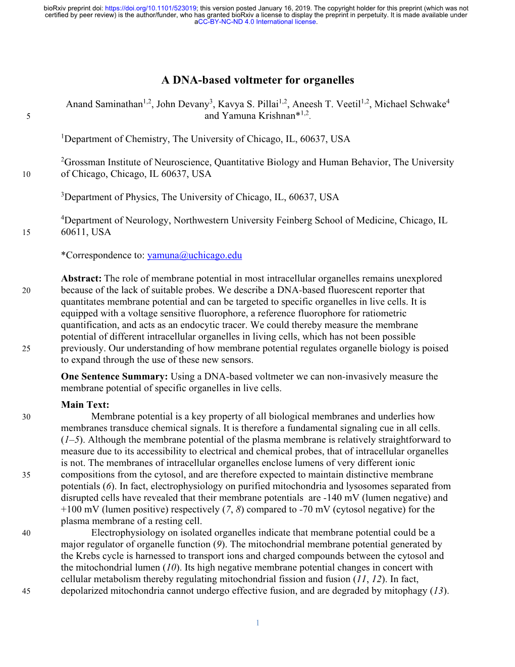 A DNA-Based Voltmeter for Organelles