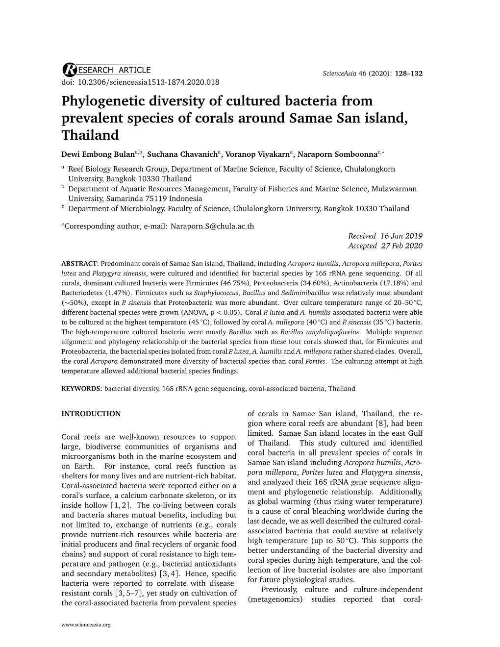 Phylogenetic Diversity of Cultured Bacteria from Prevalent Species of Corals Around Samae San Island, Thailand