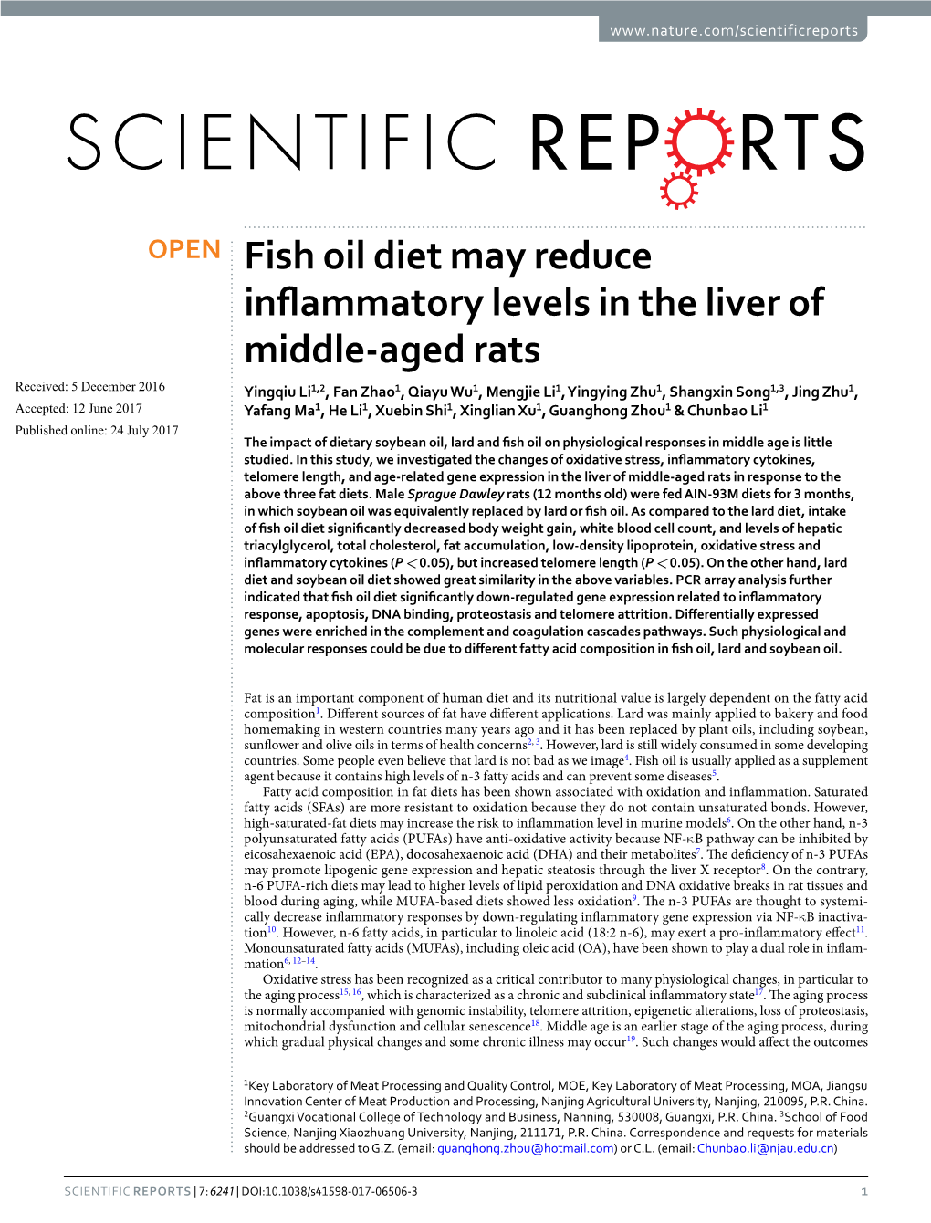 Fish Oil Diet May Reduce Inflammatory Levels in the Liver of Middle-Aged Rats