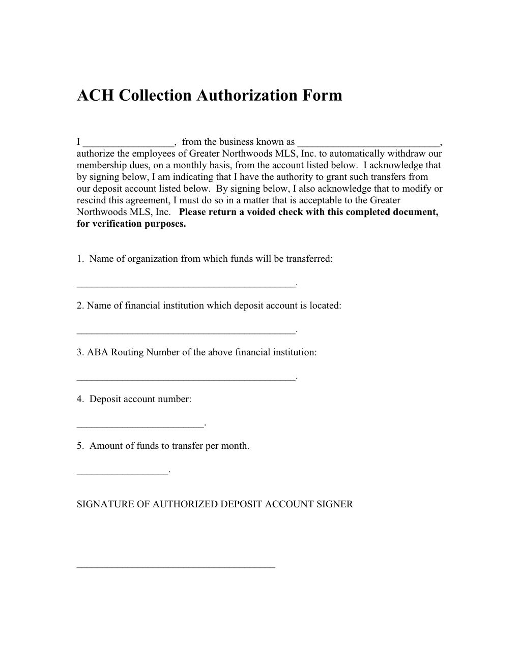 ACH Collection Authorization Form